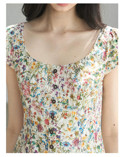 "Bloom in Full Glory" Dutch Cream Floral Puff Mini Dress