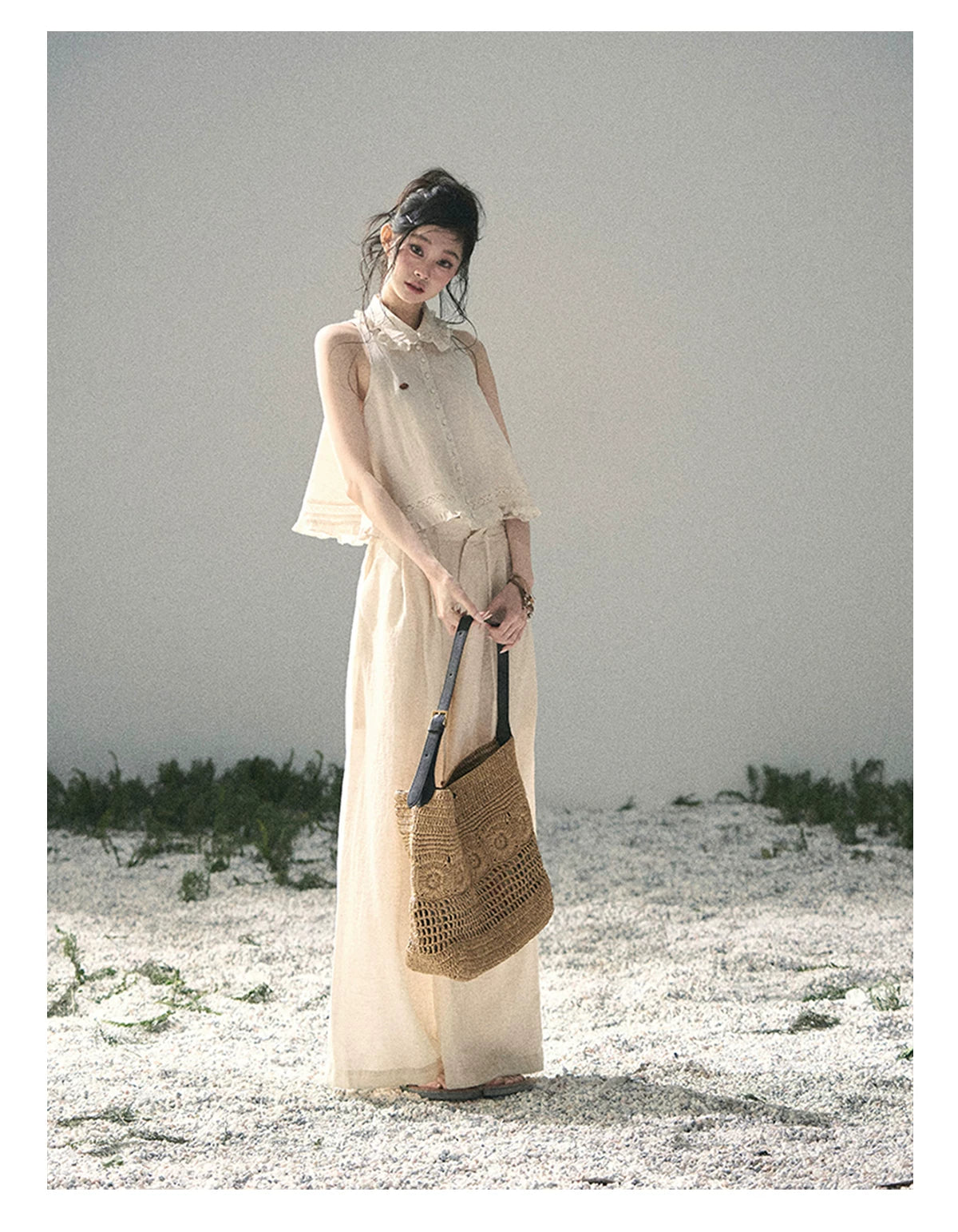 "Soft Cloud Reverie" Dutch Cream Lace Top & Bubble Skirt & Wide-Leg Pants Set 5468465