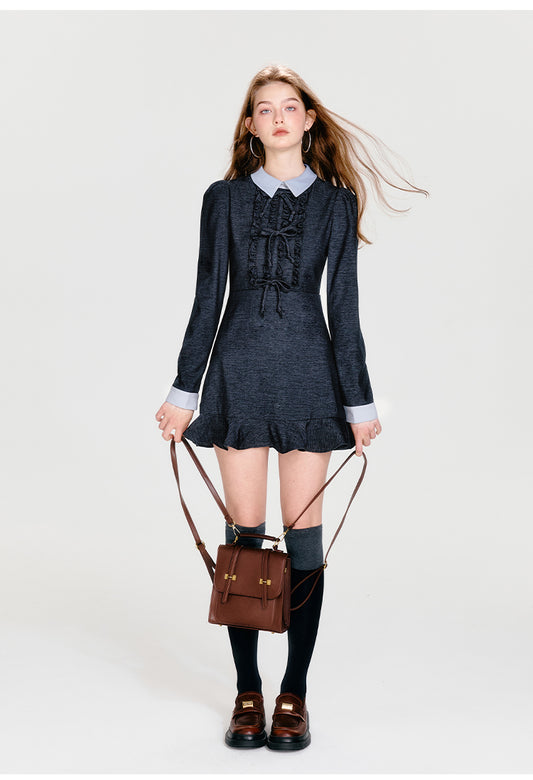 Contrast Color Shirt Collar Dress