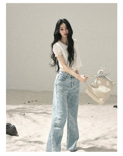 "Speechless Moonlight" Cloud White Lace Puff Sleeve Crop Top 74555