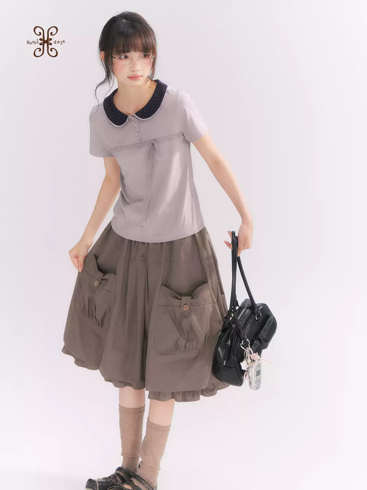 “Sweet & Cool Girl” Taupe Bow Drawstring High-Waist A-Line Cargo Skirt
