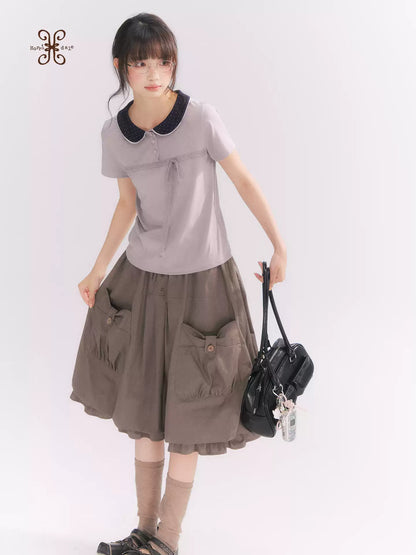 “Sweet & Cool Girl” Taupe Bow Drawstring High-Waist A-Line Cargo Skirt