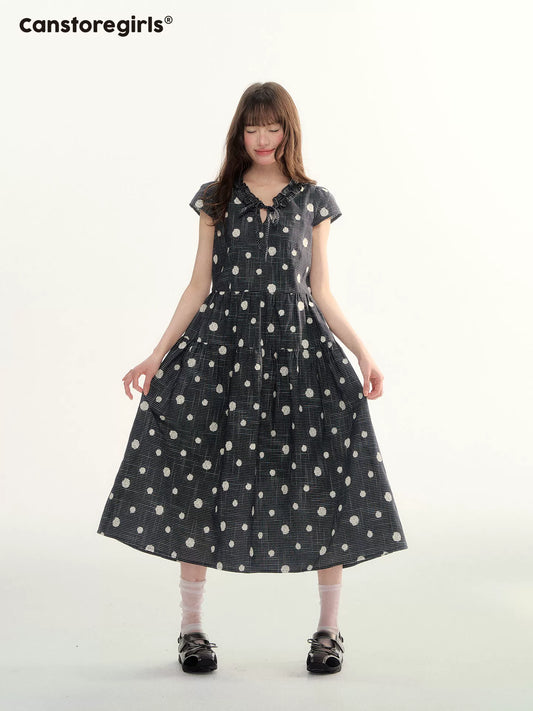 Navy Polka Dot Plaid Tie-Waist A-Line Dress LL2026095
