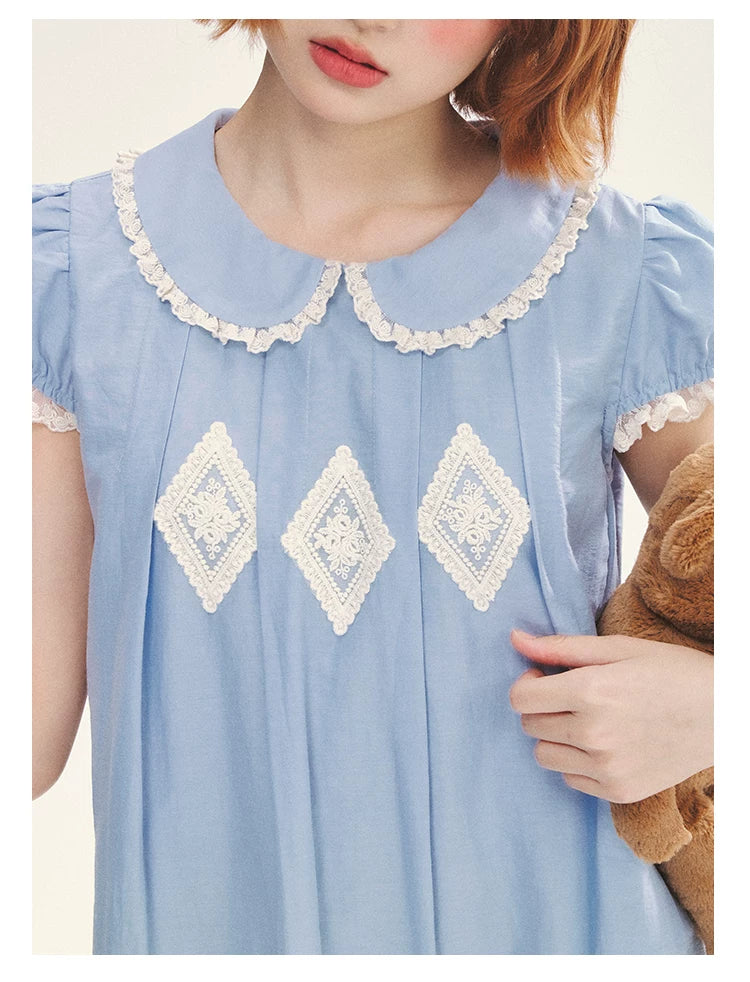 "Sweet Tea Doll" Haze Blue Lace Puff Sleeve Peter Pan Collar A-Line Dress