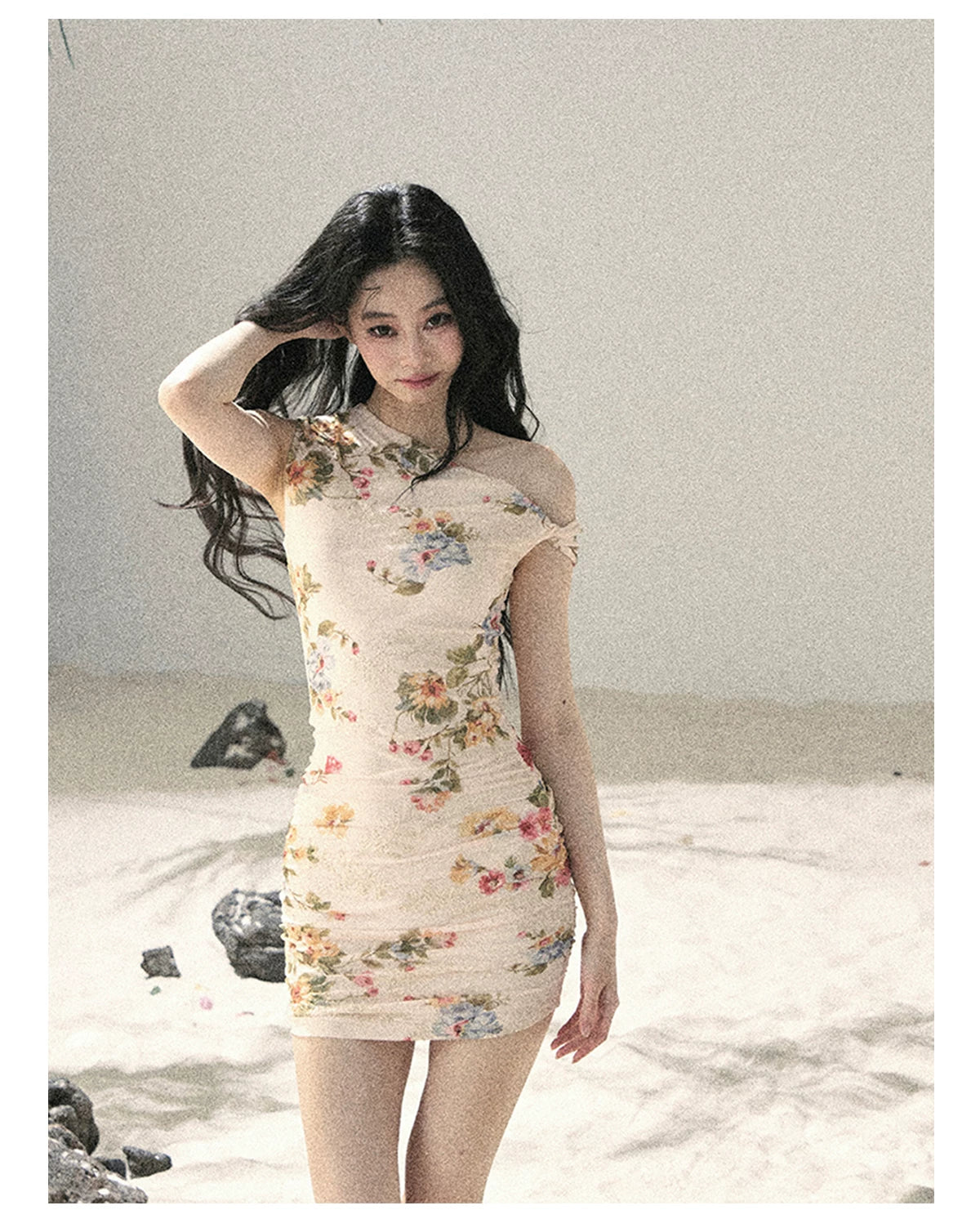 "Waiting for Blossoms" Dutch Cream Floral Ruched Mini Dress 43236