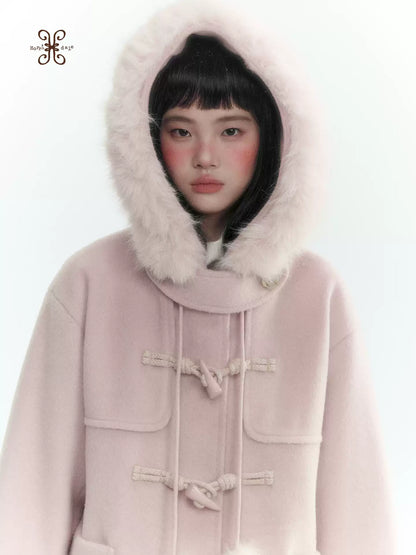Horridale - Preppy Hooded Wool-Blend Duffle Coat with Pom-Pom Details – Mist Pink