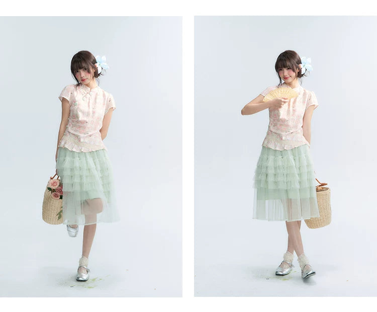 "Lime Mille-Feuille Glow" Peach Mist Chinese-Inspired Short Sleeve Top & Lime Green Tulle Tiered Skirt Set