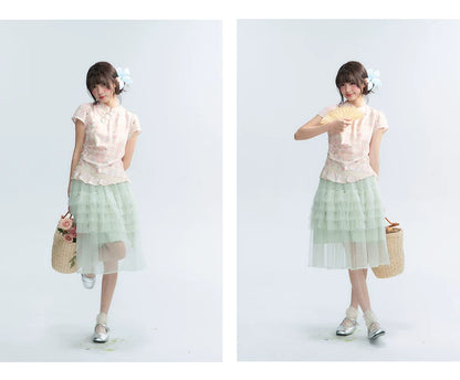 "Lime Mille-Feuille Glow" Peach Mist Chinese-Inspired Short Sleeve Top & Lime Green Tulle Tiered Skirt Set