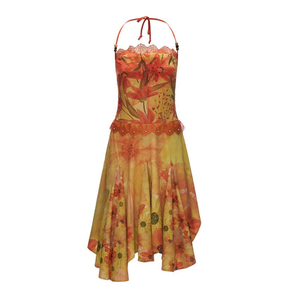 "Sunset Bloom Mood" Halter Floral Midi Dress WE933