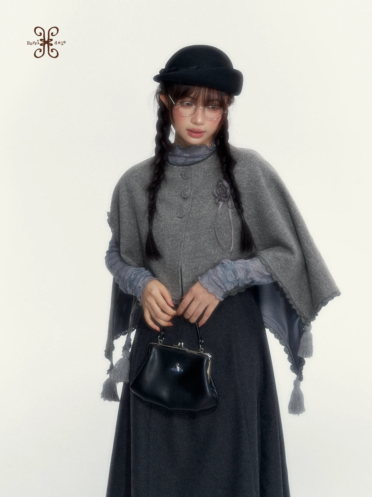 Vintage Double-Breasted Wool Dress & Knit Fringe Cape Set
