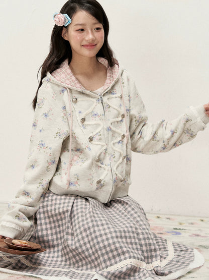 [RF] Vintage Floral Waffle Knit Hoodie Cardigan with Gingham Lining