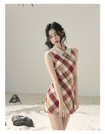 "Sunset by the Shore" Vintage Red Plaid Polo Mini Dress 358648564
