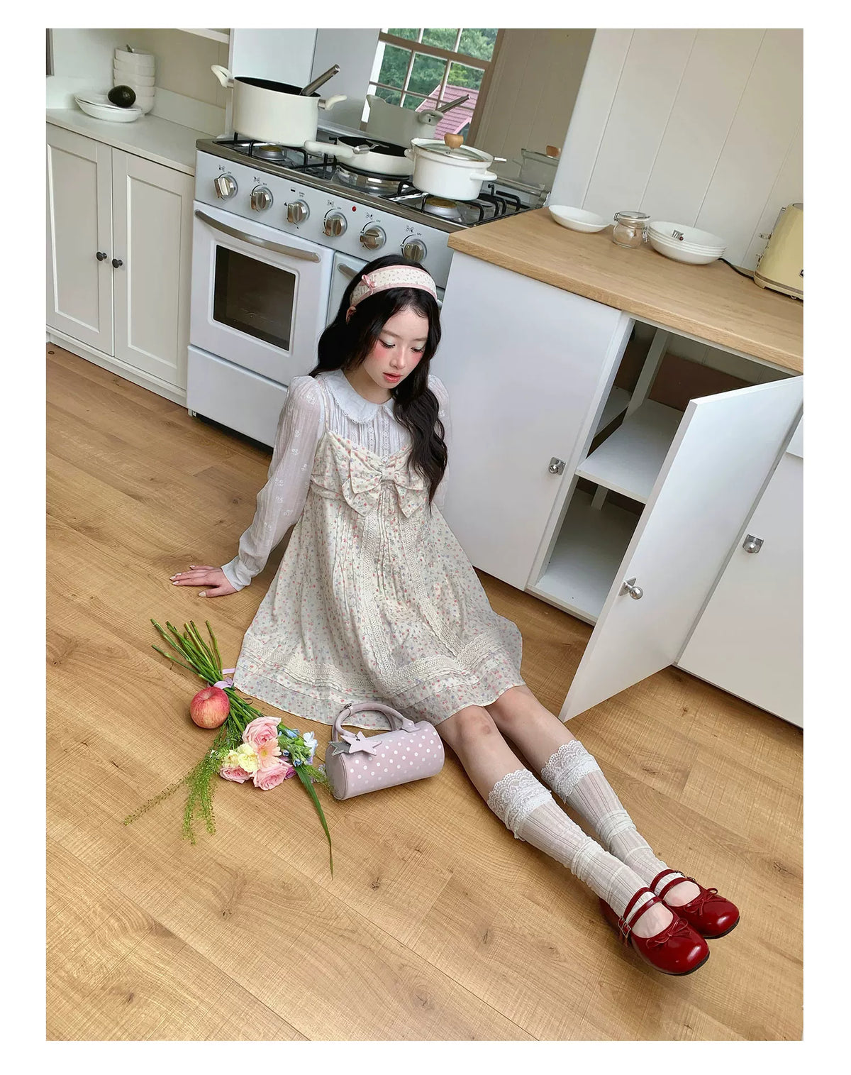 [[RF] “Garden Letter” Floral Print Cream Lace Bow Camisole Mini Dress