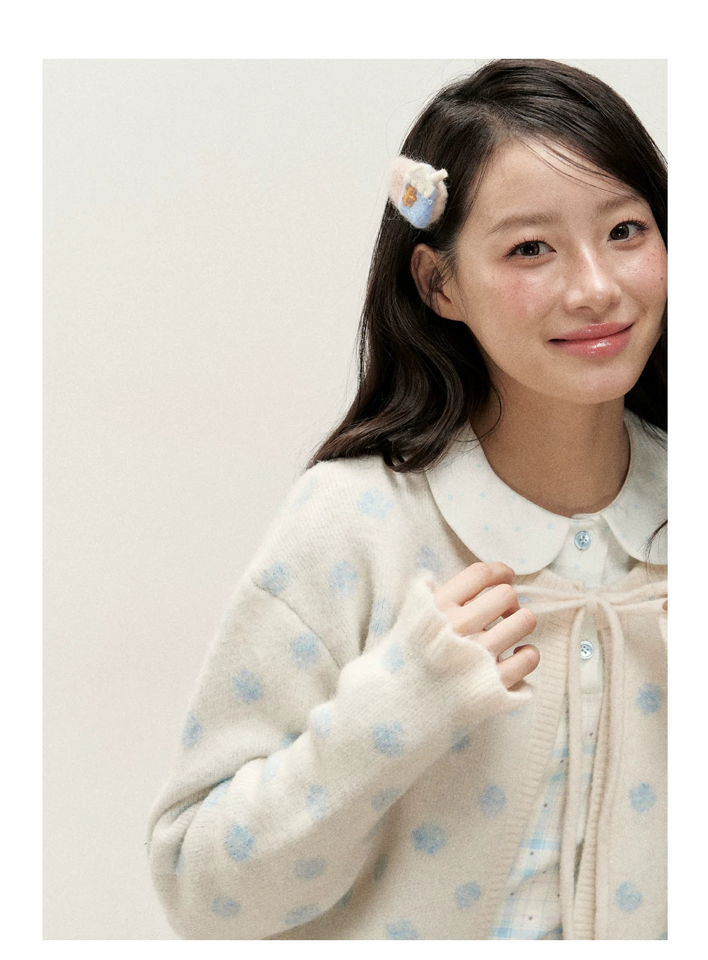 [RF] Ice Blue Polka Dot Knit Cardigan & Midi Skirt Set