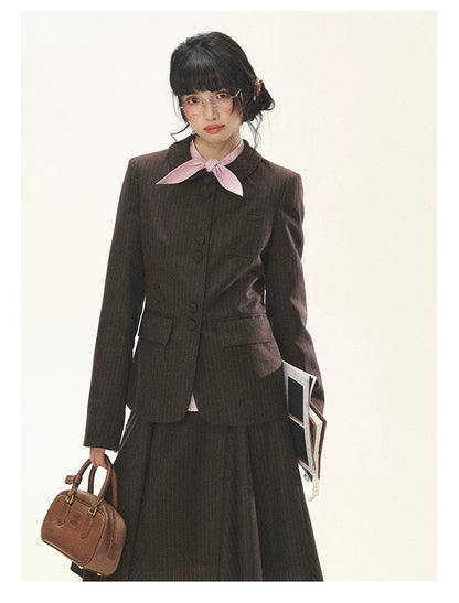 "Academy Memoir" Chocolate Brown Stripe Blazer & Pleated Skirt Set