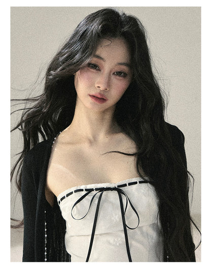 "Moonwoven Reverie" Cloud White Lace Bodycon Mini Dress & Serenity Black Cardigan 5132