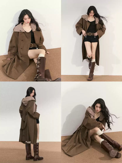 JN's DESIGN - Vintage Plaid Panel Hooded Trench Coat