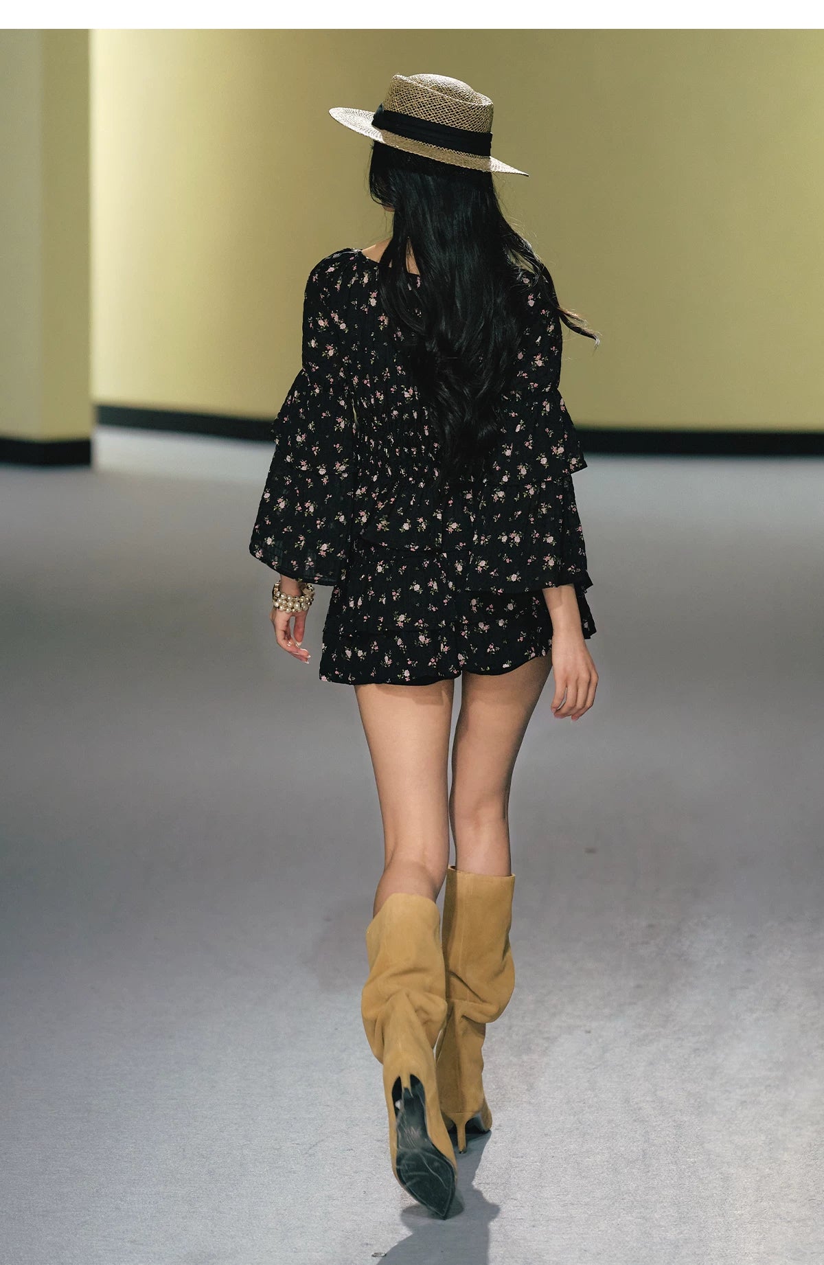 "Midnight Tea Garden" Black Floral Ruffle Blouse & Tiered Mini Skirt Set