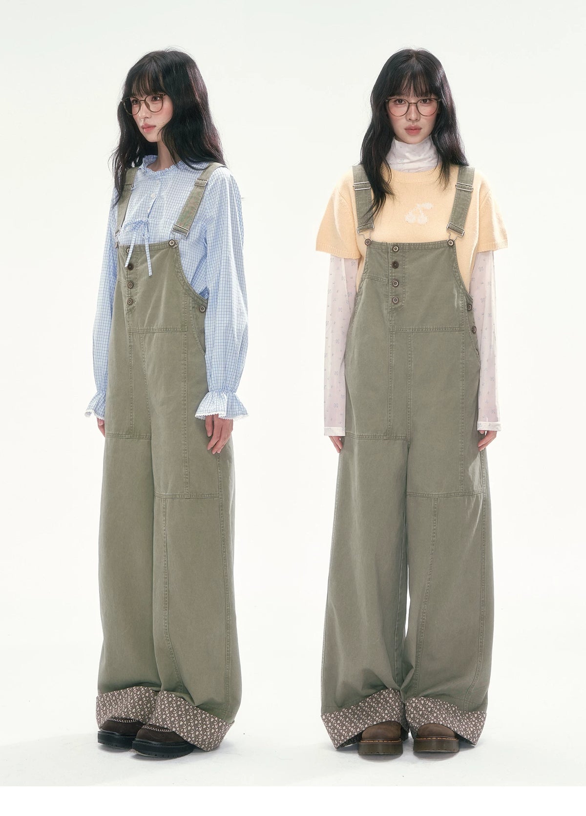 [CAN] Olive Green Floral-Trim Cargo Overalls