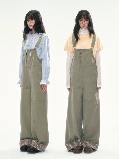 [CAN] Olive Green Floral-Trim Cargo Overalls