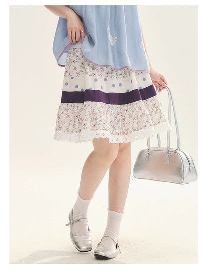 "Moonlight Grape" Vintage Floral Polka Dot Lace A-Line Skirt