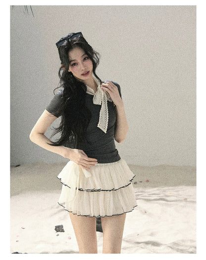 "Shadows & Soft Clouds" Slate Gray Bow Accent Crop Top
