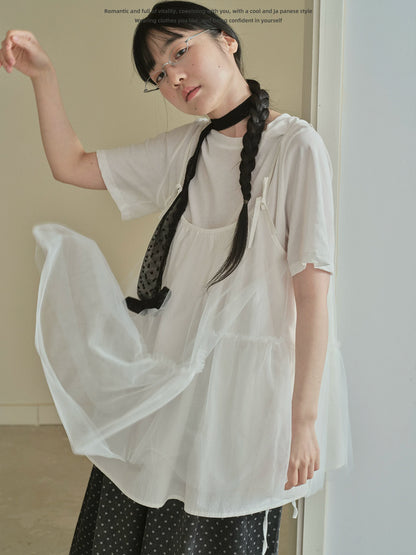 "Airy Veil" Layering Mesh Cami Top (Black / White)