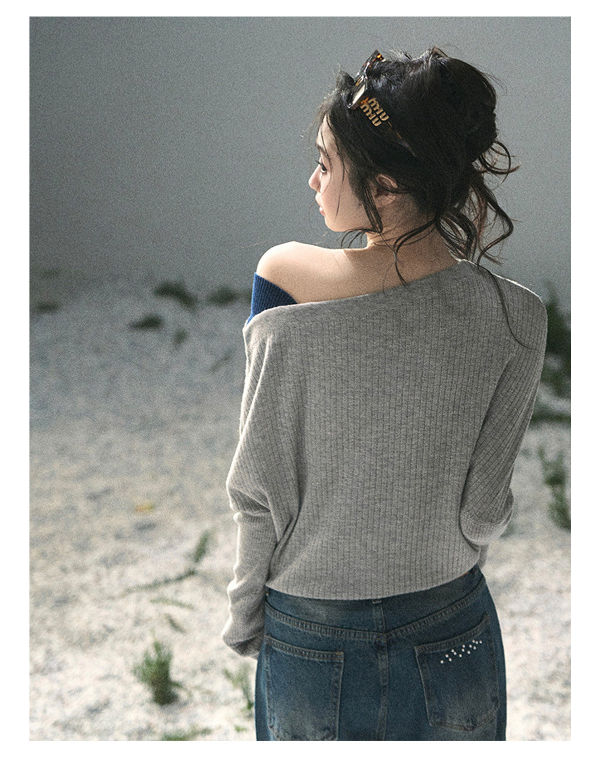 “Ashes of Yesterday” Mist Gray Off-Shoulder Layered Knit Top