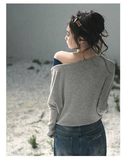 “Ashes of Yesterday” Mist Gray Off-Shoulder Layered Knit Top