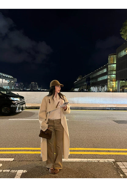 QuQuOuYang - 100% Wool Double-Face Belted Coat with Convertible Collar