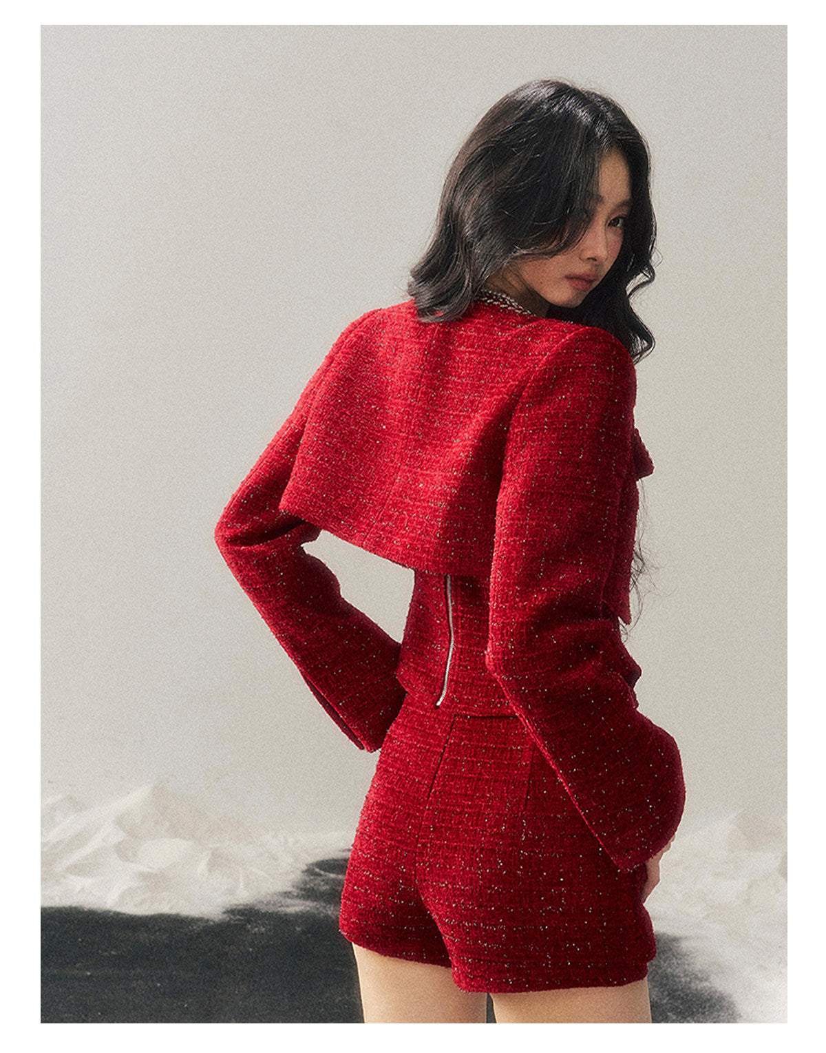 少也眼 "Before the Moon Falls" Bouclé Wool Tweed Three-Piece Mini Set - Cabernet Red