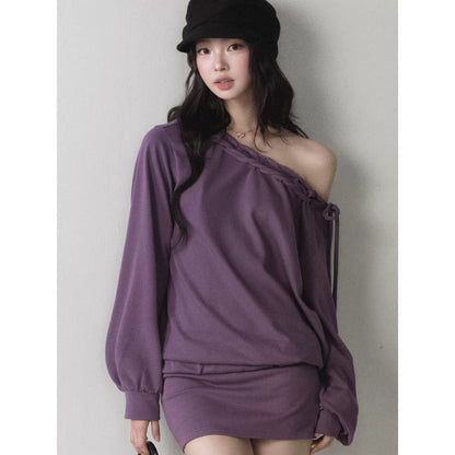 1P - Berry Purple One-Shoulder Sweatshirt & Mini Skirt Set