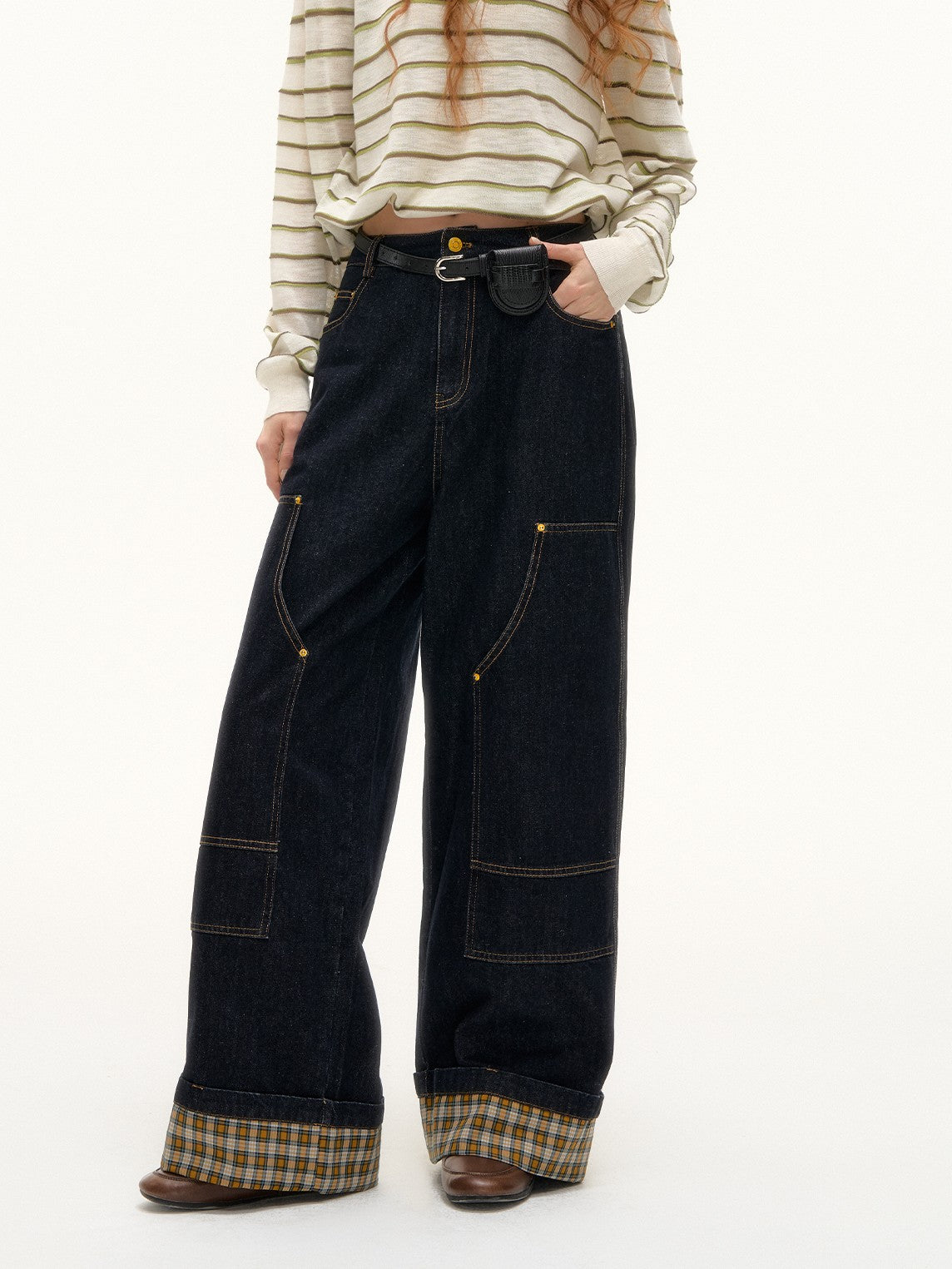 ASGONY - Plaid Cuff Contrast Wide-Leg Raw Denim Jeans (Yellow Plaid)