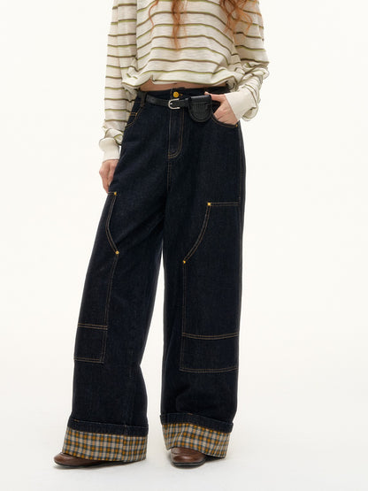 ASGONY - Plaid Cuff Contrast Wide-Leg Raw Denim Jeans (Yellow Plaid)
