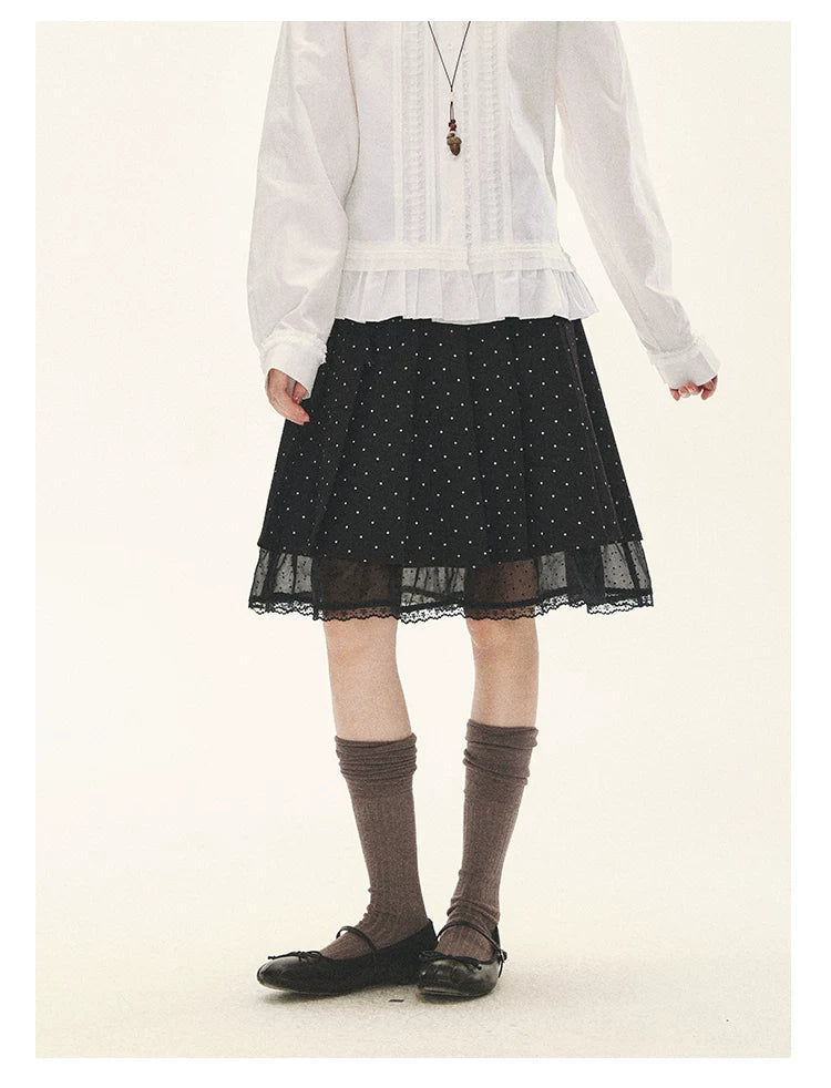 "Polka Reverie" Black Polka Dot Bow Pleated Mini Skirt