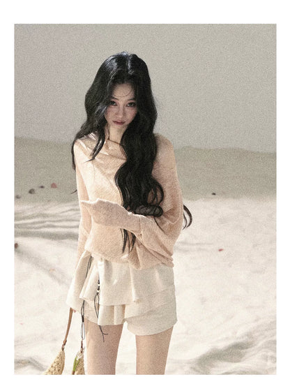"Misty Veil Whisper" Blush Nude Pink Off-Shoulder Sheer Sun Protection Top 5345634