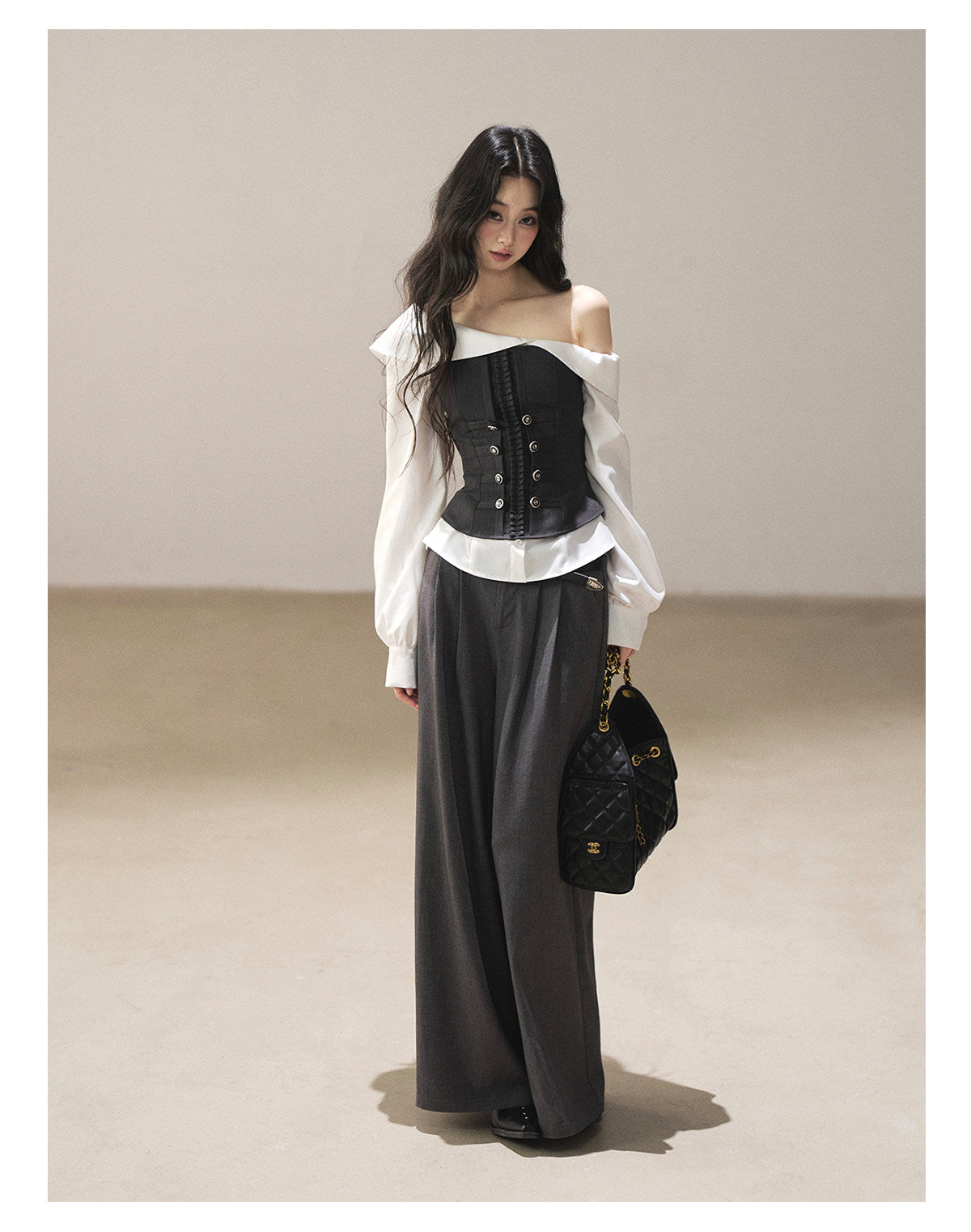 170726 "Where the Sea Breeze Finds Me" Deep Slate Bustier & Pure White Layered Shirt Set
