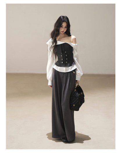 170726 "Where the Sea Breeze Finds Me" Deep Slate Bustier & Pure White Layered Shirt Set