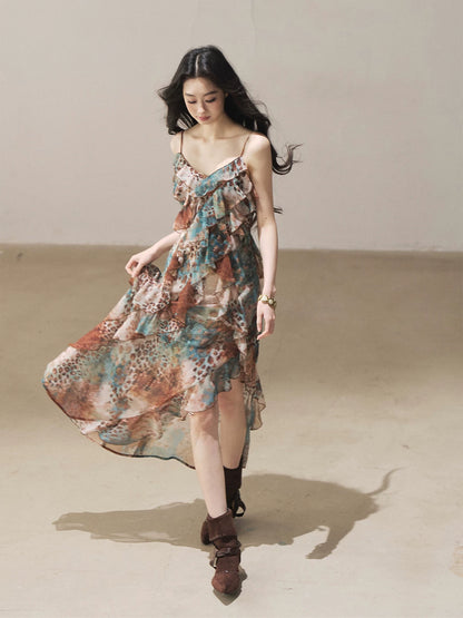 "She Never Looks Back" Peacock Blue Leopard Chiffon Maxi Dress