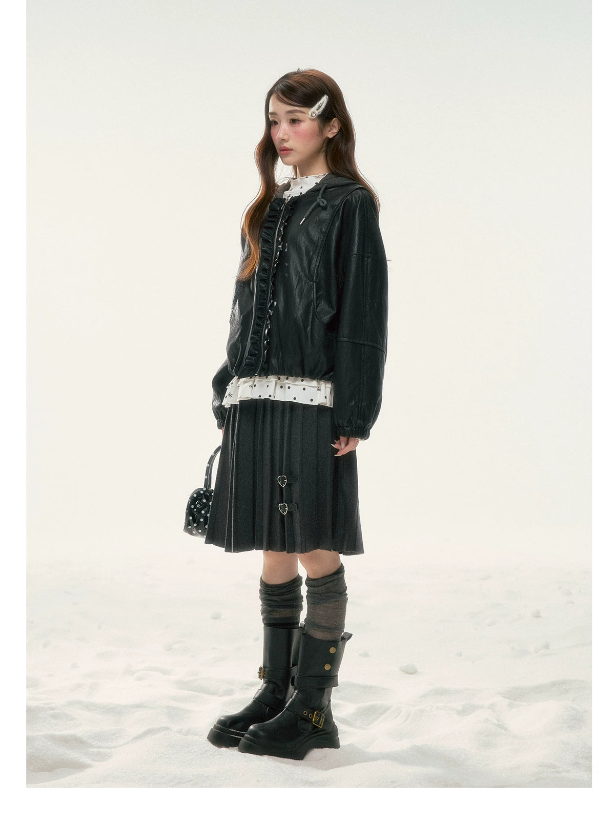 BIBIBENCY - Black Ruffle-Trim Faux Leather Jacket