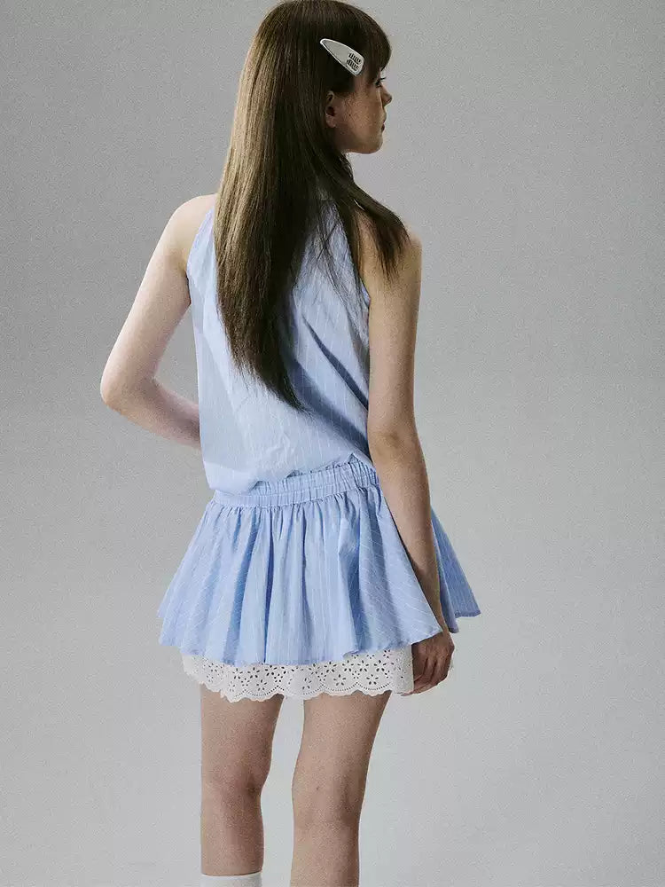 LOST FOREST  - Blue Striped Lace-Trim Halter Dress with Elastic Waist