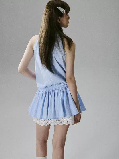 LOST FOREST  - Blue Striped Lace-Trim Halter Dress with Elastic Waist