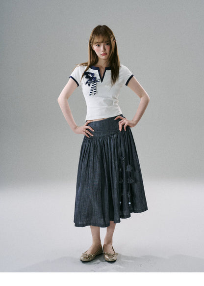 LOST FOREST - Flower Belt Striped Midi Dress (Natural Hemp / Blue Stripe / Orange Stripe)