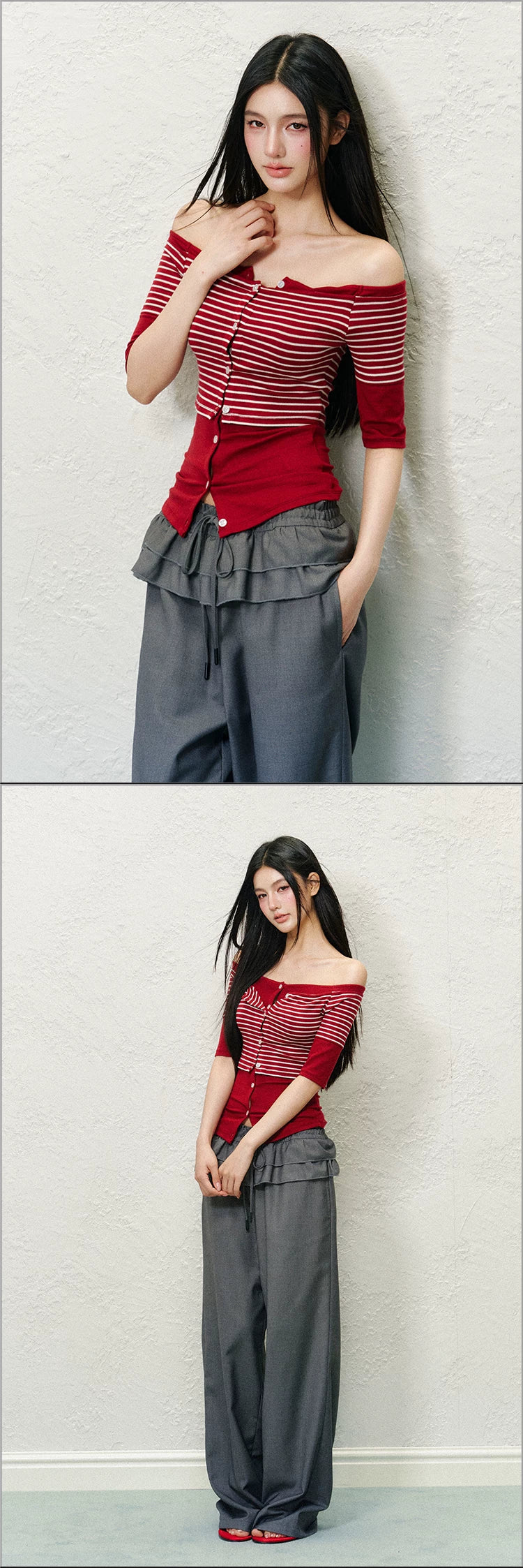 Layered Off-Shoulder Contrast Lyocell Knit Top (Floral White Contrast/ Red & White Stripe/ Gray Blue Contrast)