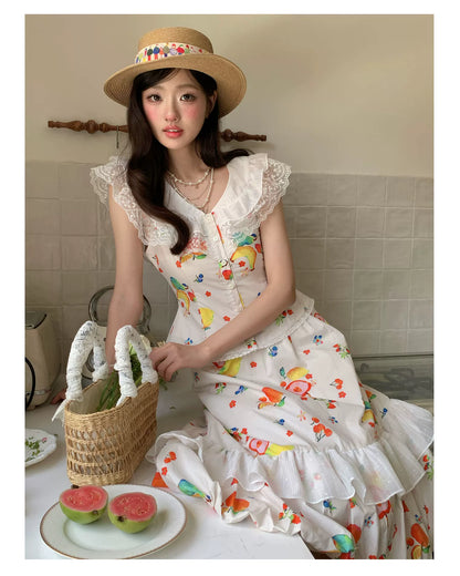 “Honeyfruit Summer Breeze” Beige Printed Skirt Set