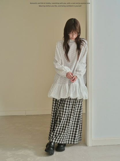"Blooming Mist" White Textured Polka Dot Tie-Waist Bubble Midi Dress