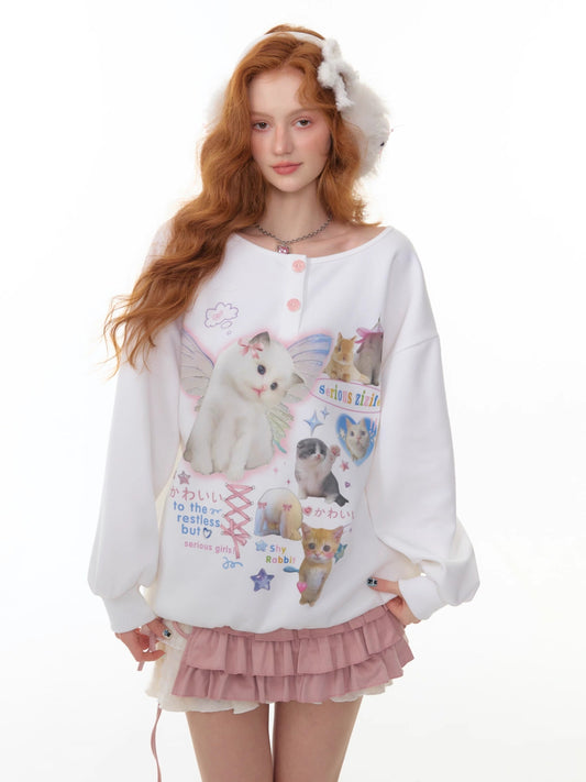 ZiziFei - Oversized Cat Print Peter Pan Collar Sweatshirt