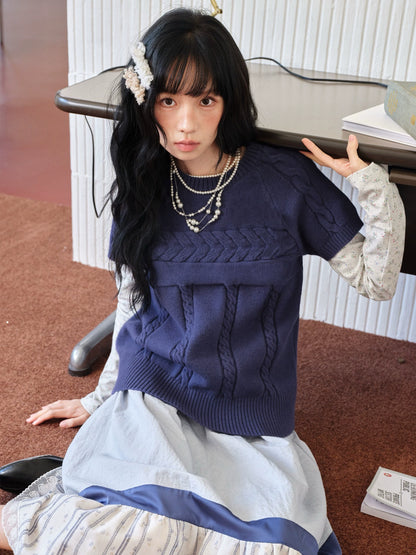 DAILY ARTIST - Navy Cable Knit Short-Sleeve Top