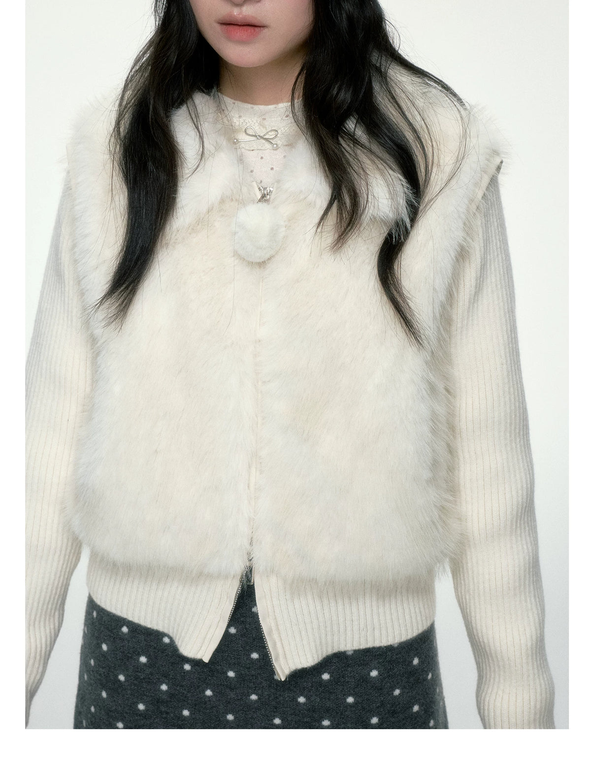 BIBIBENCY - Ivory Faux Fur Vest with Knit Sleeves