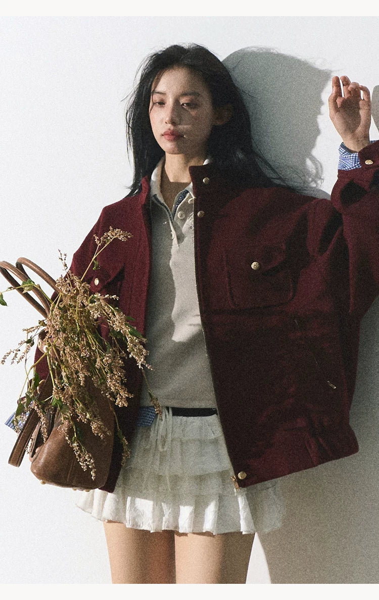 OAKMOO/ "Plum Blossom Mood" Angora Red Wool-Blend Harrington Jacket